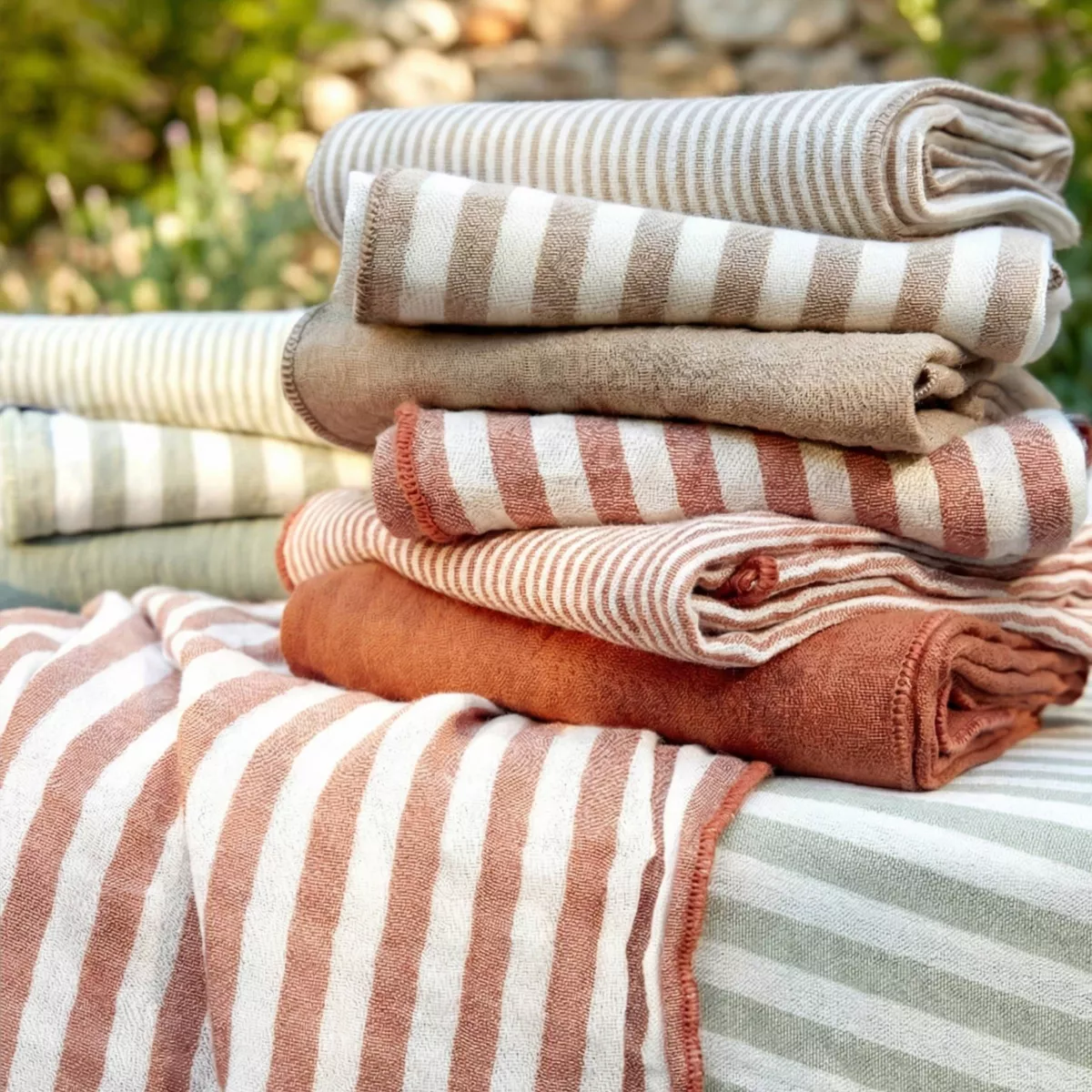 Mantel rectangular de gasa de algodón (150 x 250 cm) Gaïa rayas Beige