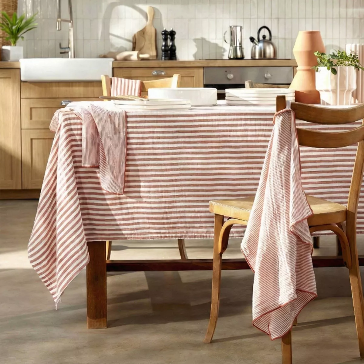 Mantel rectangular de gasa de algodón (150 x 250 cm) Gaïa rayas Albaricoque