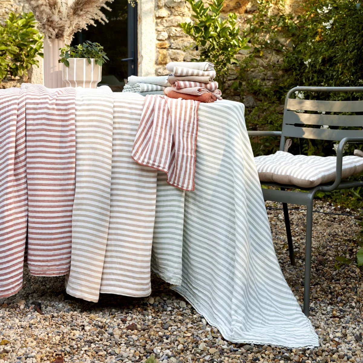 Rechteckige Baumwoll-Gaze Tischdecke (150 x 250 cm) Gaïa Streifen Eukalyptusgrün