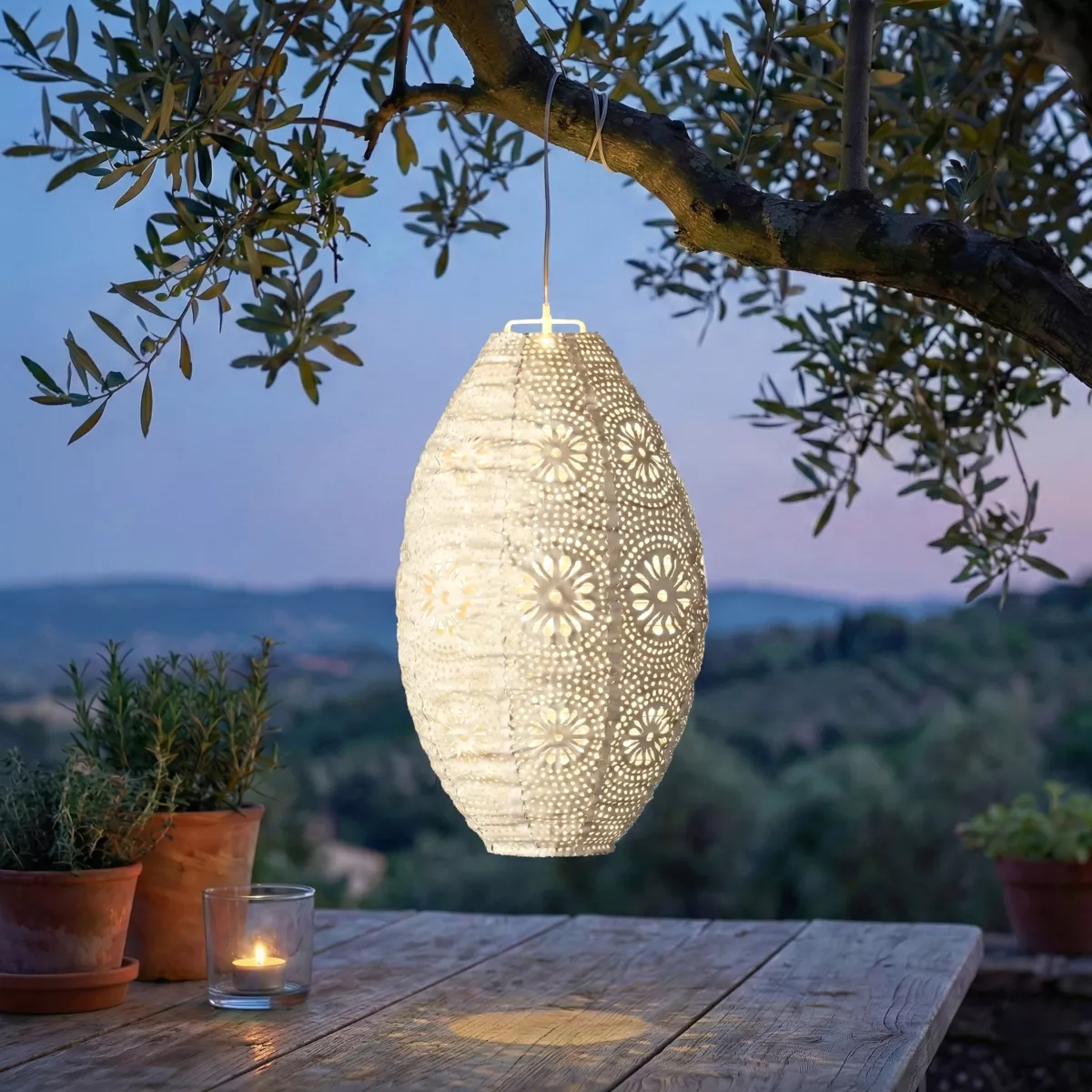 Lanterna solare da giardino sospesa (H38 cm) Bianca traforata