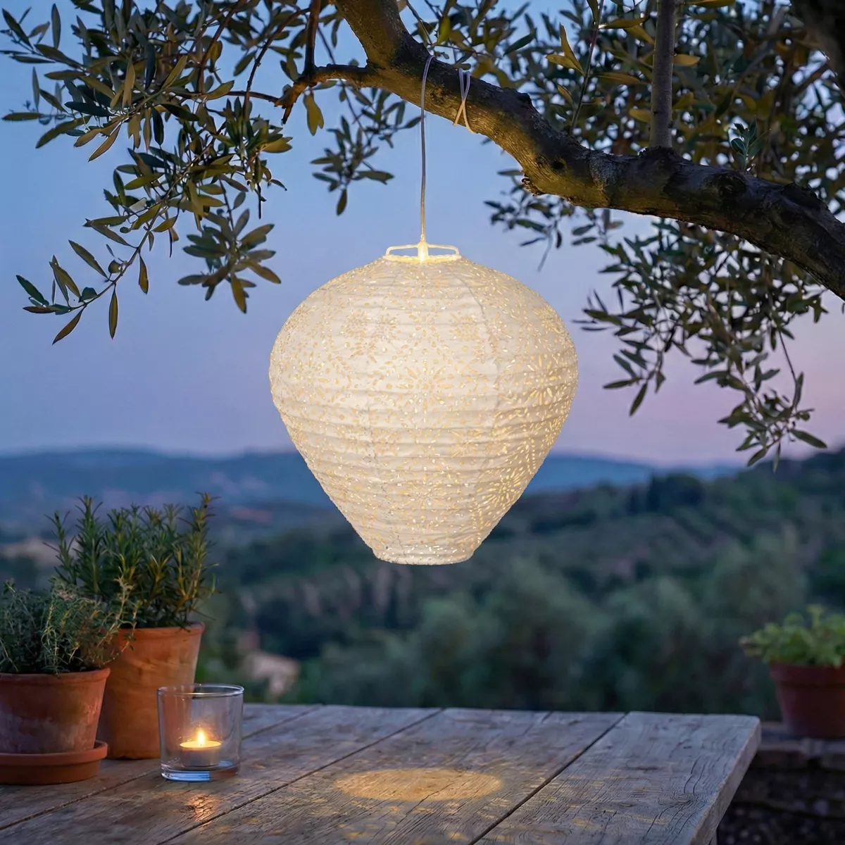 Lanterna solare da giardino sospesa (H28 cm) Bianca traforata