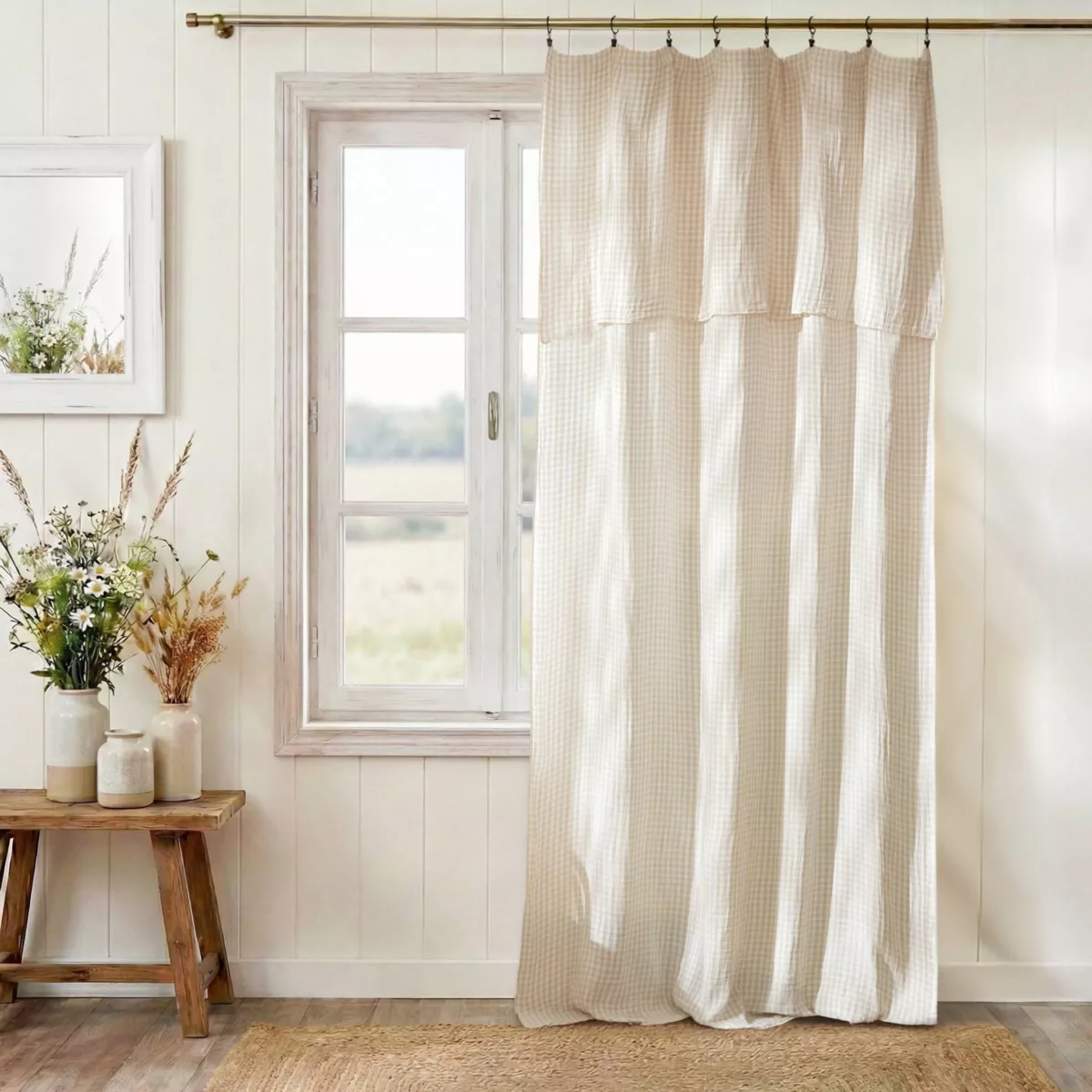 Cortina de gasa de algodón ajustable (140 x máximo 300 cm) Gaïa vichy Beige