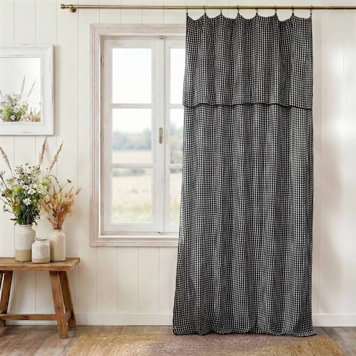 Cortina de gasa de algodón ajustable (140 x máximo 180 cm) Gaïa vichy Negro