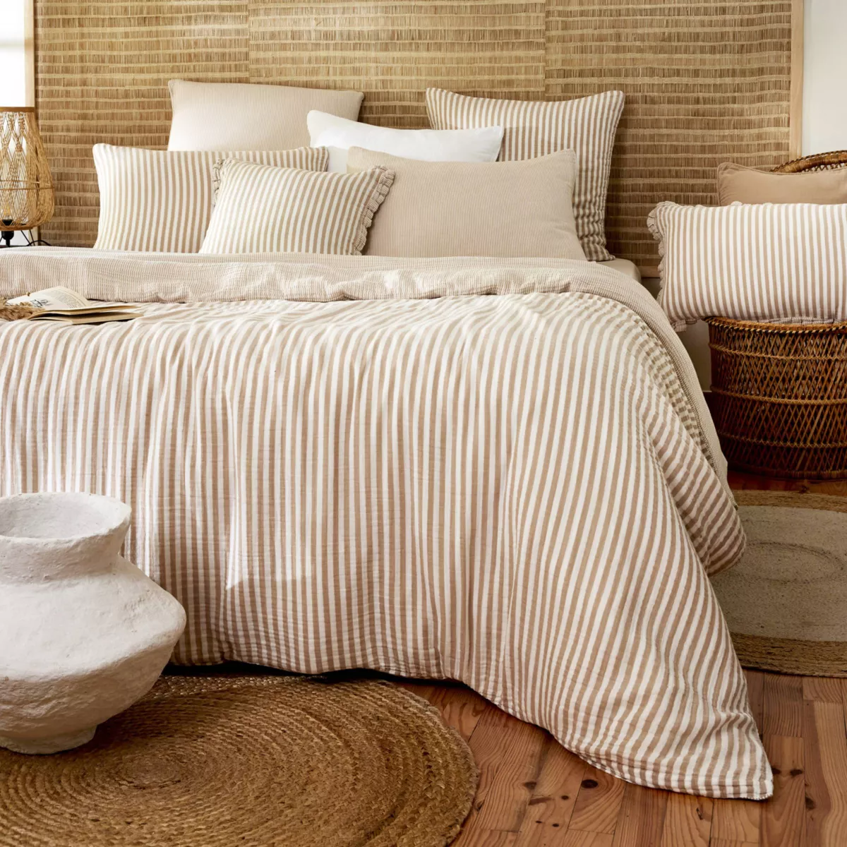 Housse de couette gaze de coton (240 x 220 cm) Gaïa rayures Ficelle