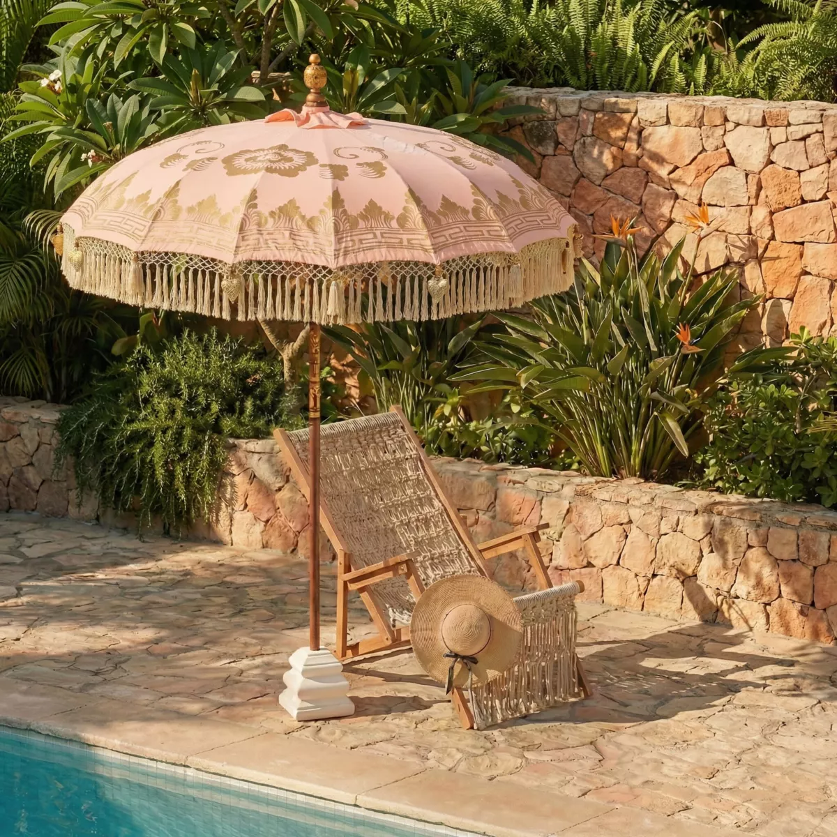 Ombrellone da giardino rotondo con frange (D2 m) Jaipur Beige rosé e dorature
