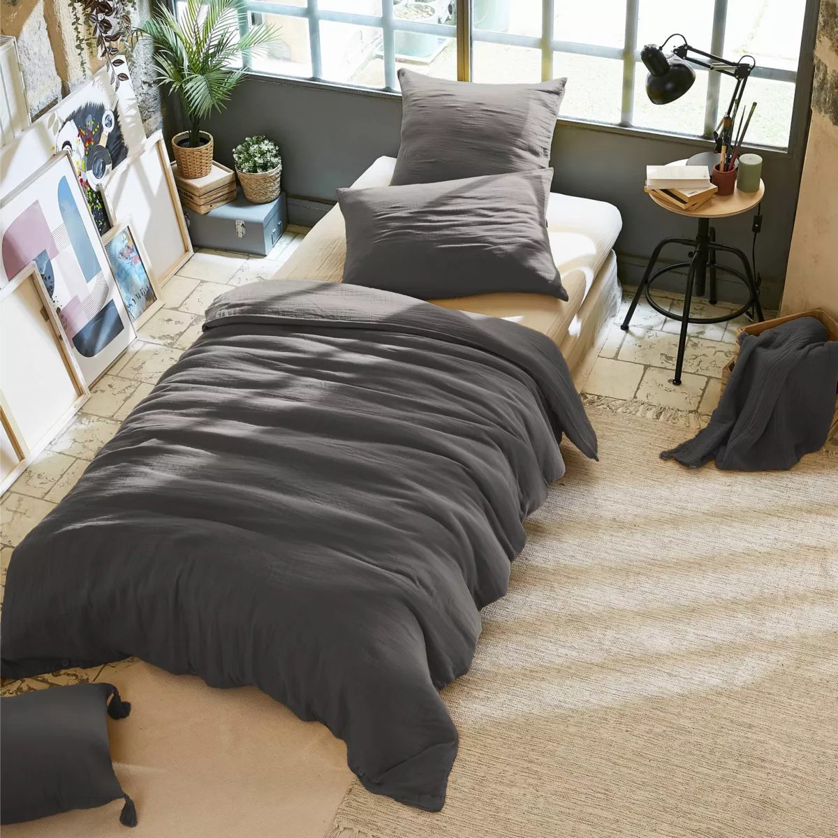 Housse de couette gaze de coton (140 cm) Gaïa Gris granit 1