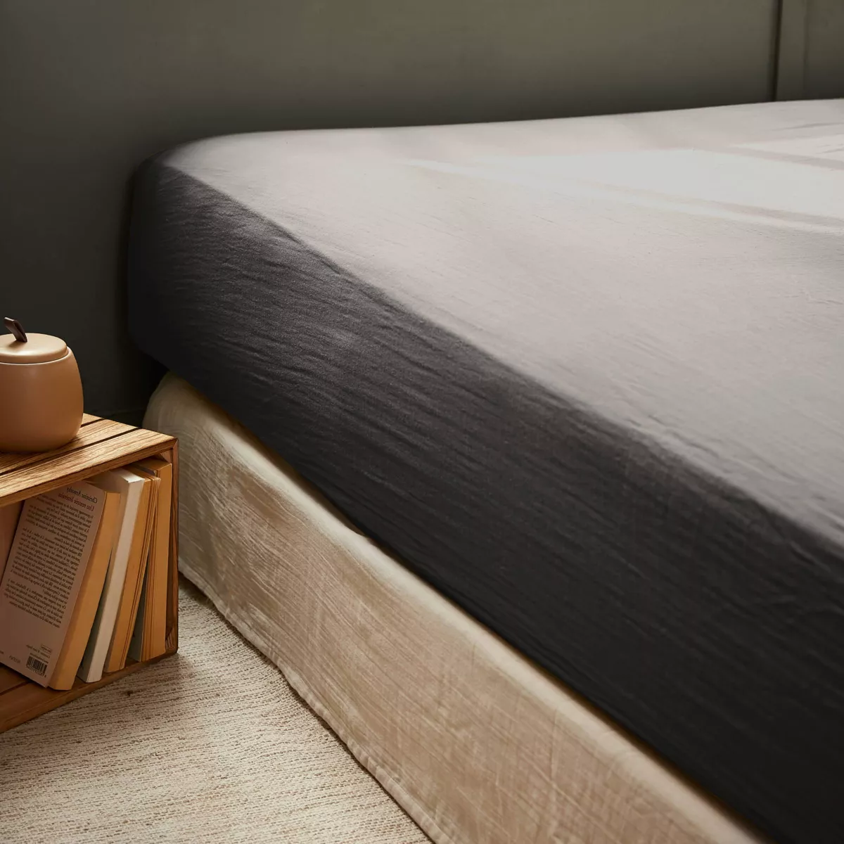 Drap housse gaze de coton (180 cm) Gaïa Gris granit 1