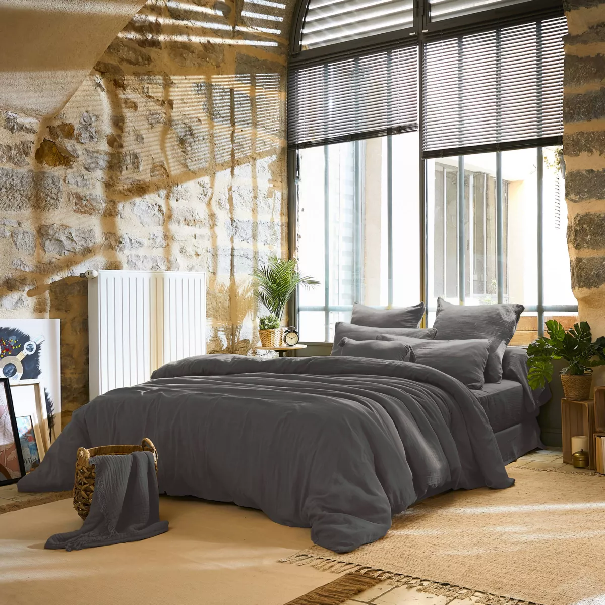 Drap plat gaze de coton (270 x 300 cm) Gaïa Gris granit