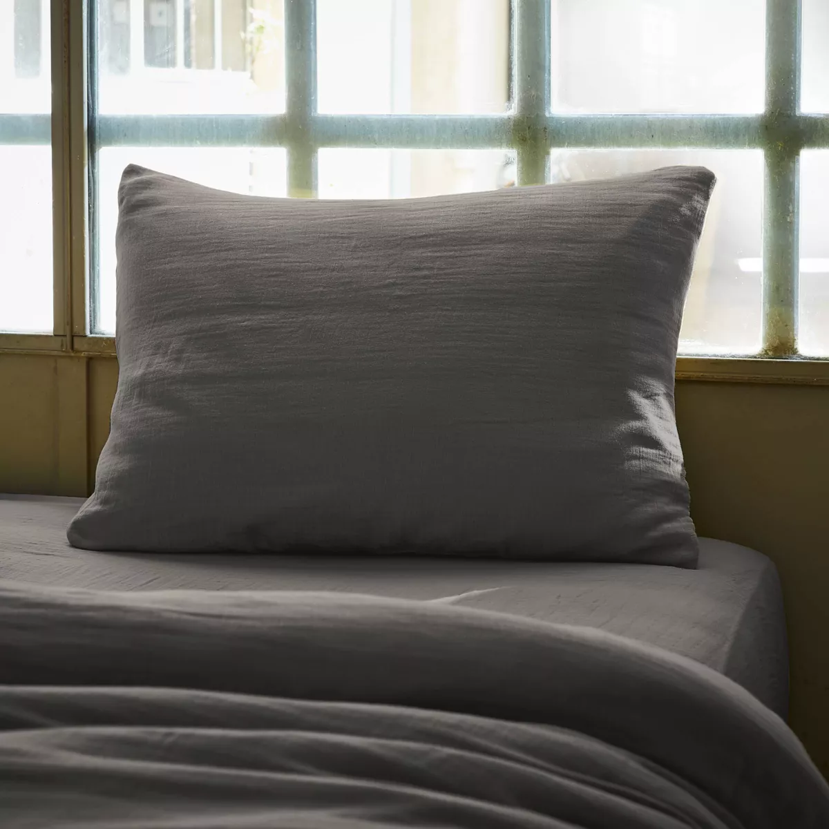 Kussensloop rechthoekig katoengaas (L80 cm) Gaïa Granietgrijs 1