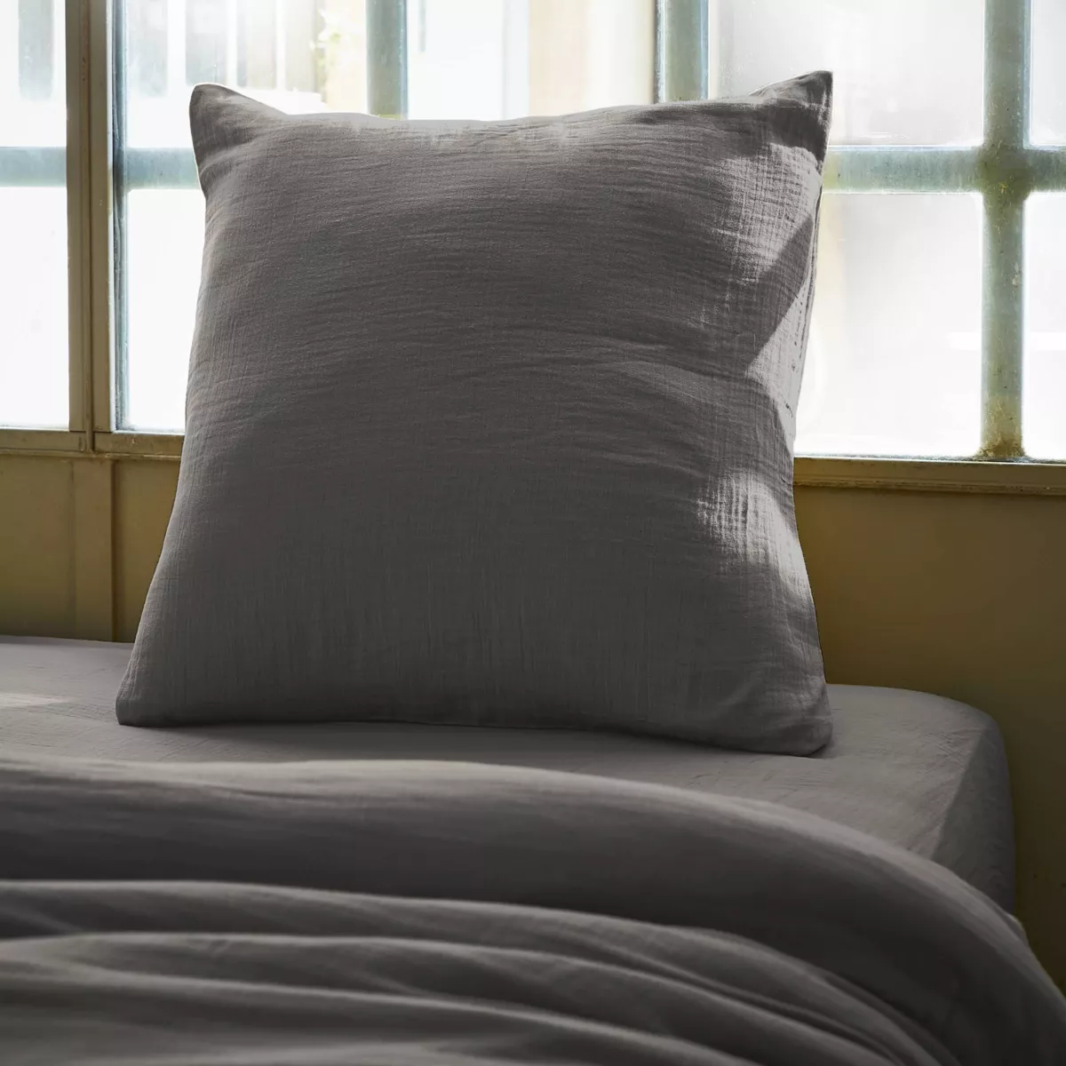 Kussensloop vierkant katoengaas (60 cm) Gaïa Granietgrijs 1