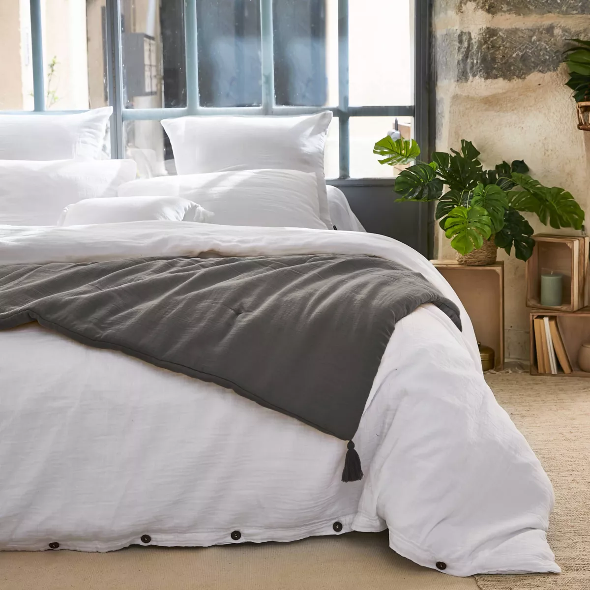 Runner letto garza di cotone (150 x 150 cm) Gaïa Grigio granito 1