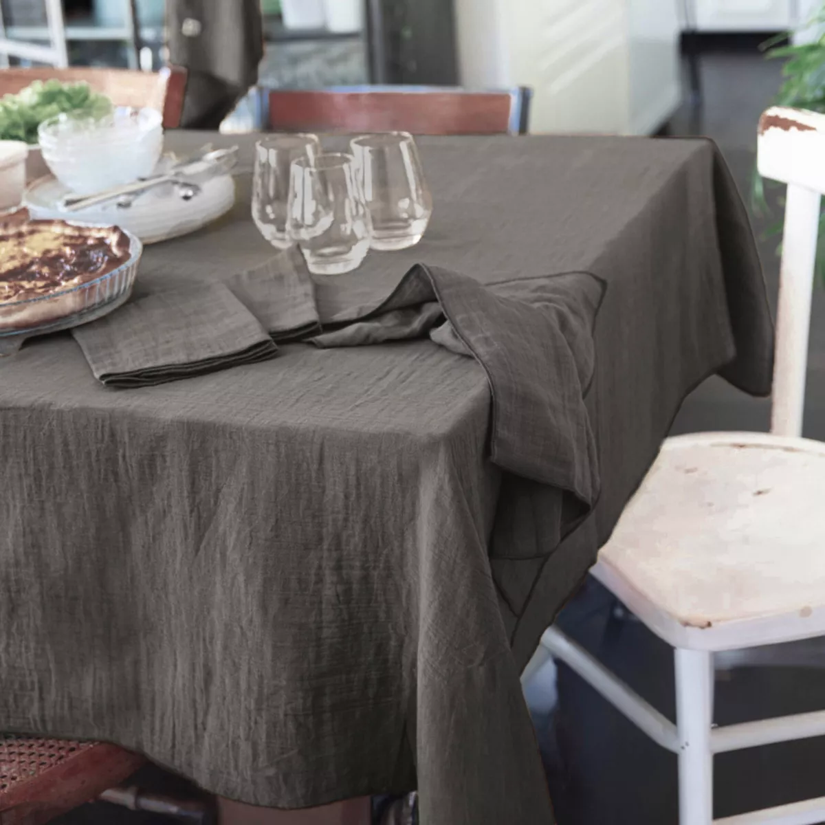 Mantel rectangular en gasa de algodón (L350 cm) Gaïa Gris granito