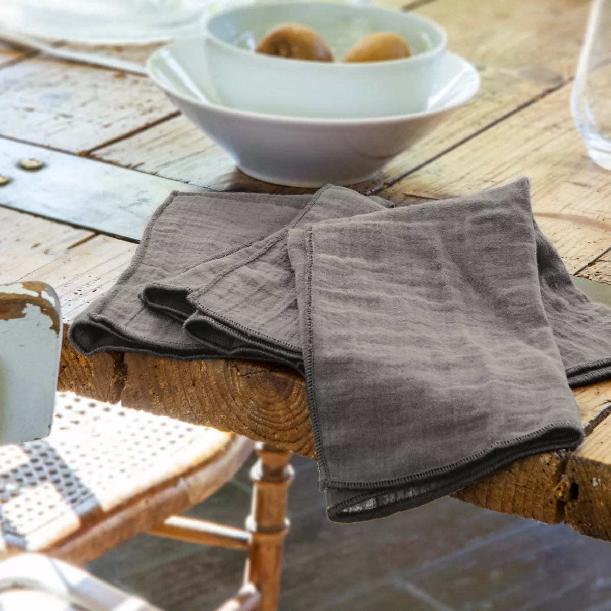 Set van 3 servetten katoengaas Gaïa Granietgrijs 1