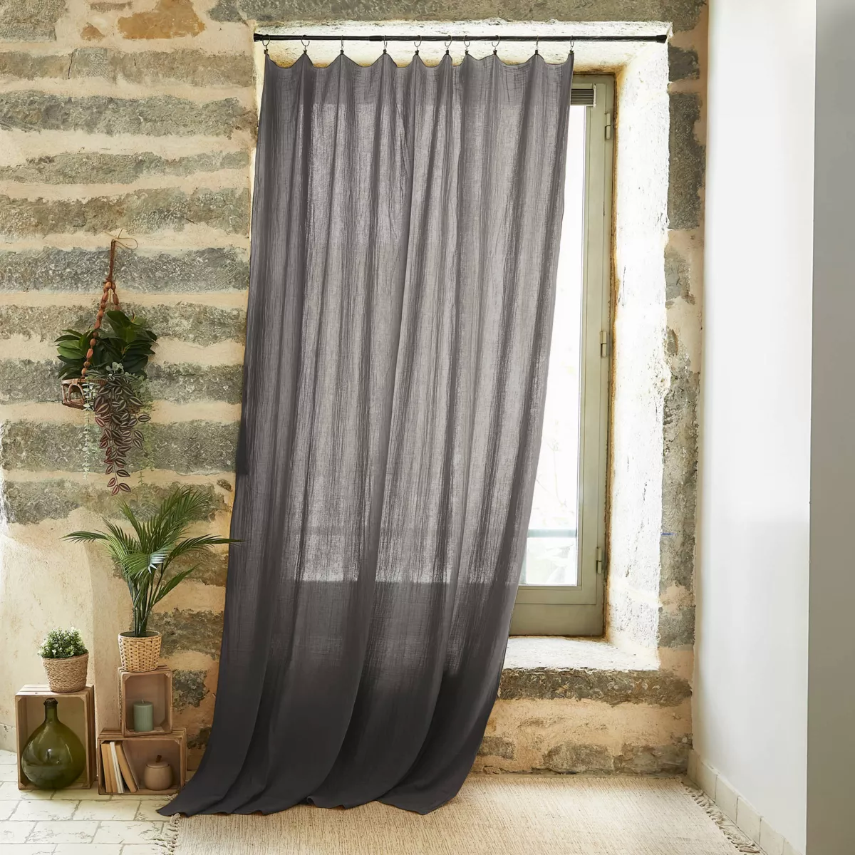 Cortina en gasa de algodón ajustable (140 x max 300 cm) Gaïa Gris granito