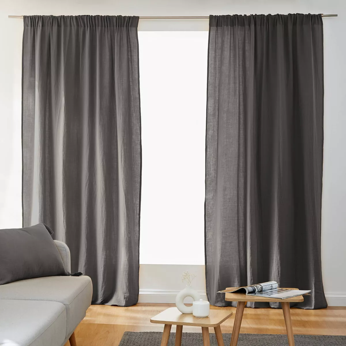 Cortina de gasa de algodón cinta fruncidora (180 x 240 cm) Gaïa Gris oscuro