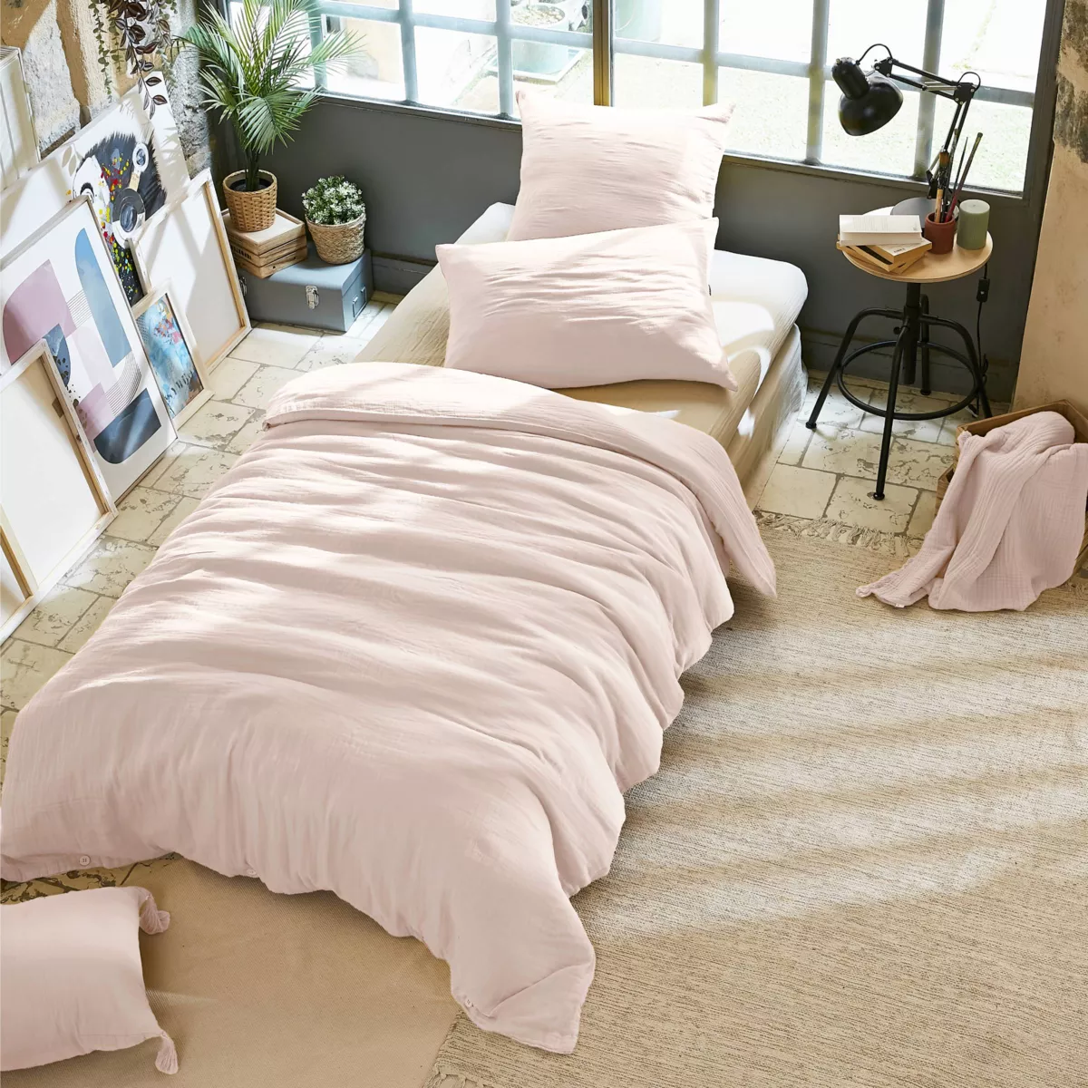 Funda Nórdica en gasa de algodón (140 cm) Gaïa Rosa palo 1