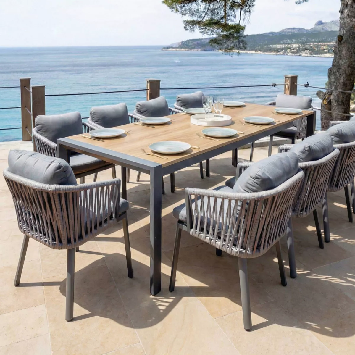 Table de jardin extensible en aluminium 12 places (180/240/300 x 96 cm) Amalfi  Gris anthracite et bois