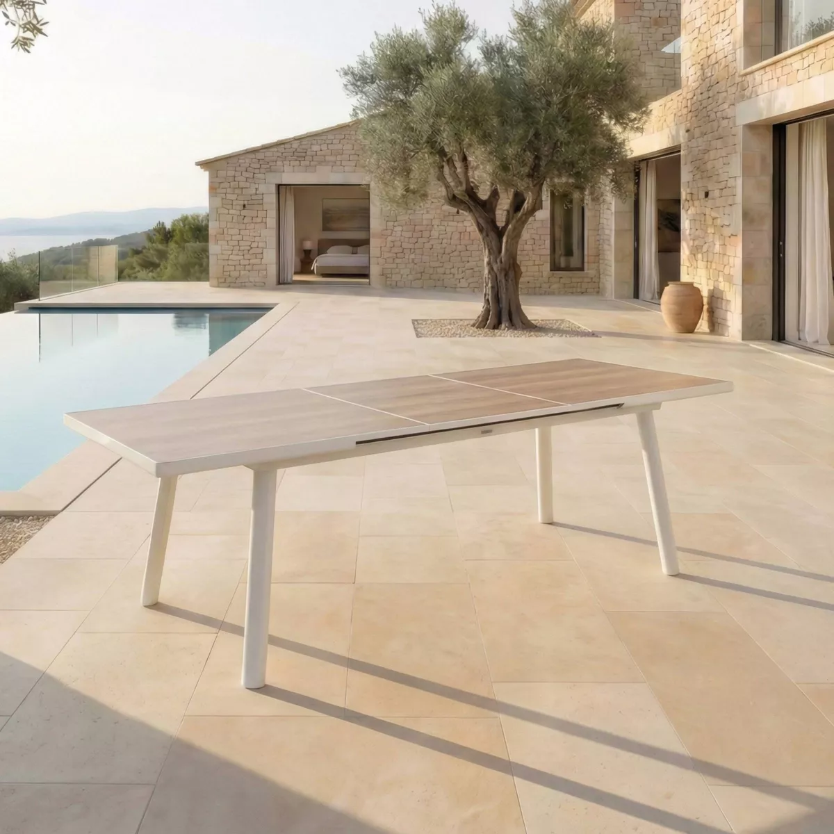 Table de jardin extensible en aluminium 12 places (240/300 x 96 cm) Amalfi Blanc et bois