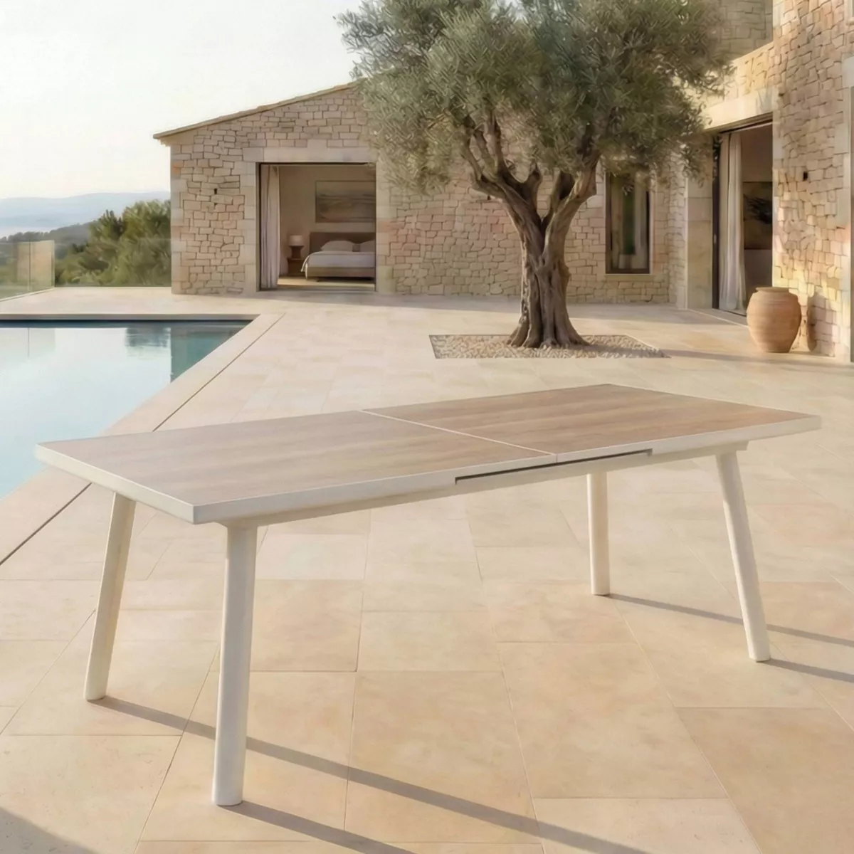 Tavolo da giardino estensibile in alluminio 12 posti (240/300 x 96 cm) Amalfi Bianco e legno