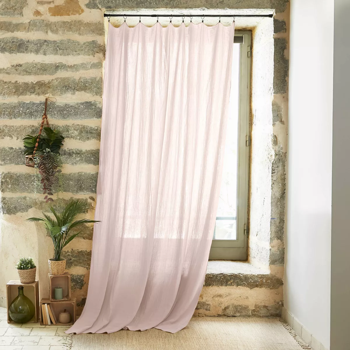 Rideau gaze de coton ajustable (140 x max 300 cm) Gaïa Rose poudré