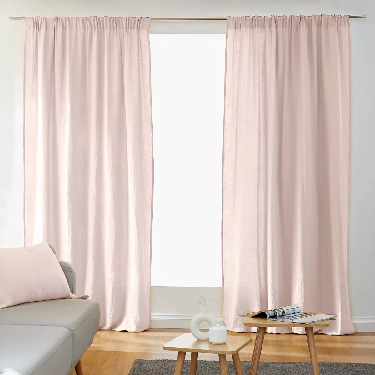 Tenda in  garza di cotone a passanti nascosti (140 x 240 cm) Gaïa Rosa cipria