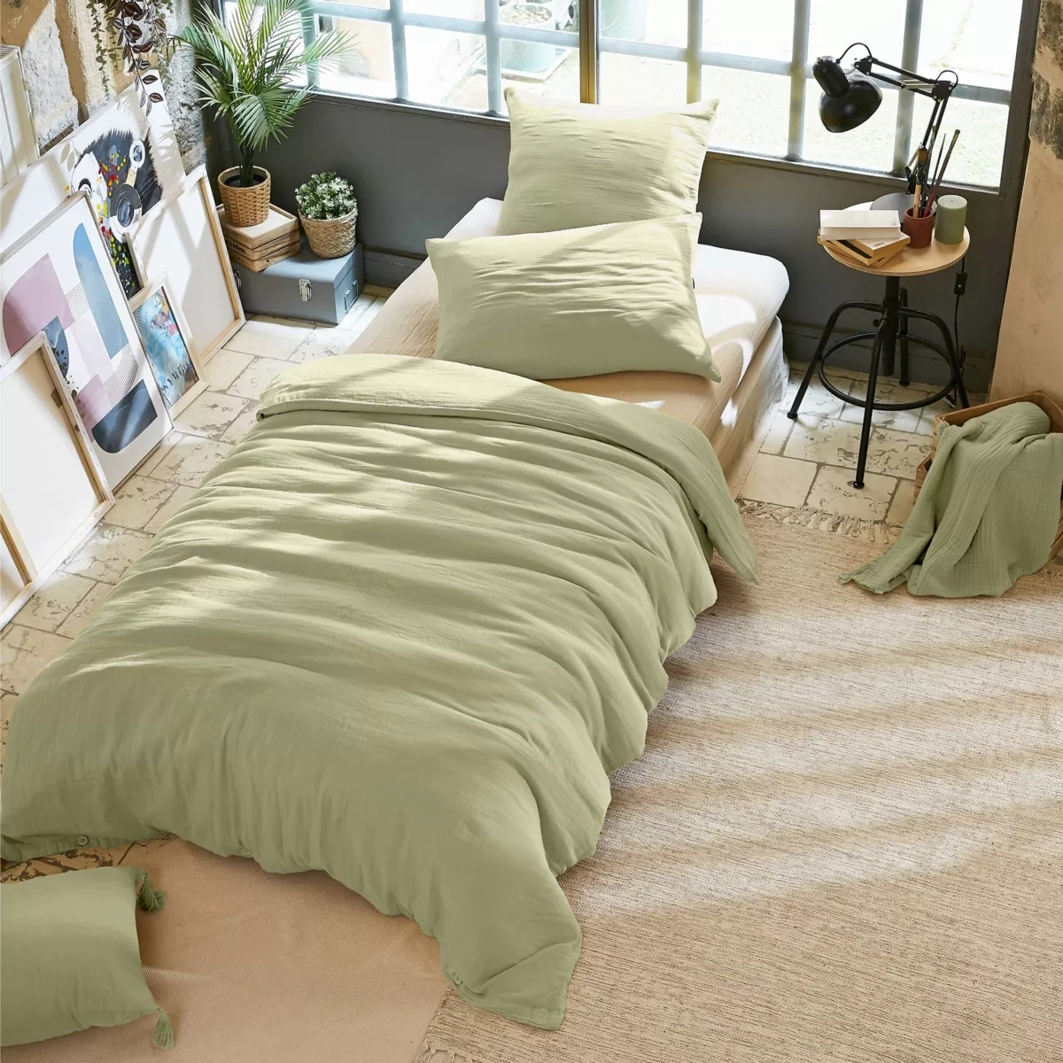 Funda Nórdica en gasa de algodón (140 cm) Gaïa Verde tilo 1