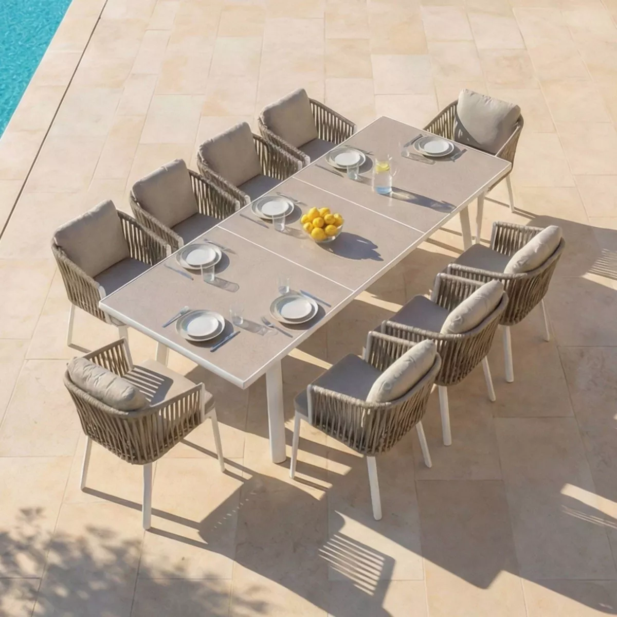 Mesa de jardín extensible de aluminio para 10 personas (200/260 x 96 cm) Amalfi Blanco y taupe