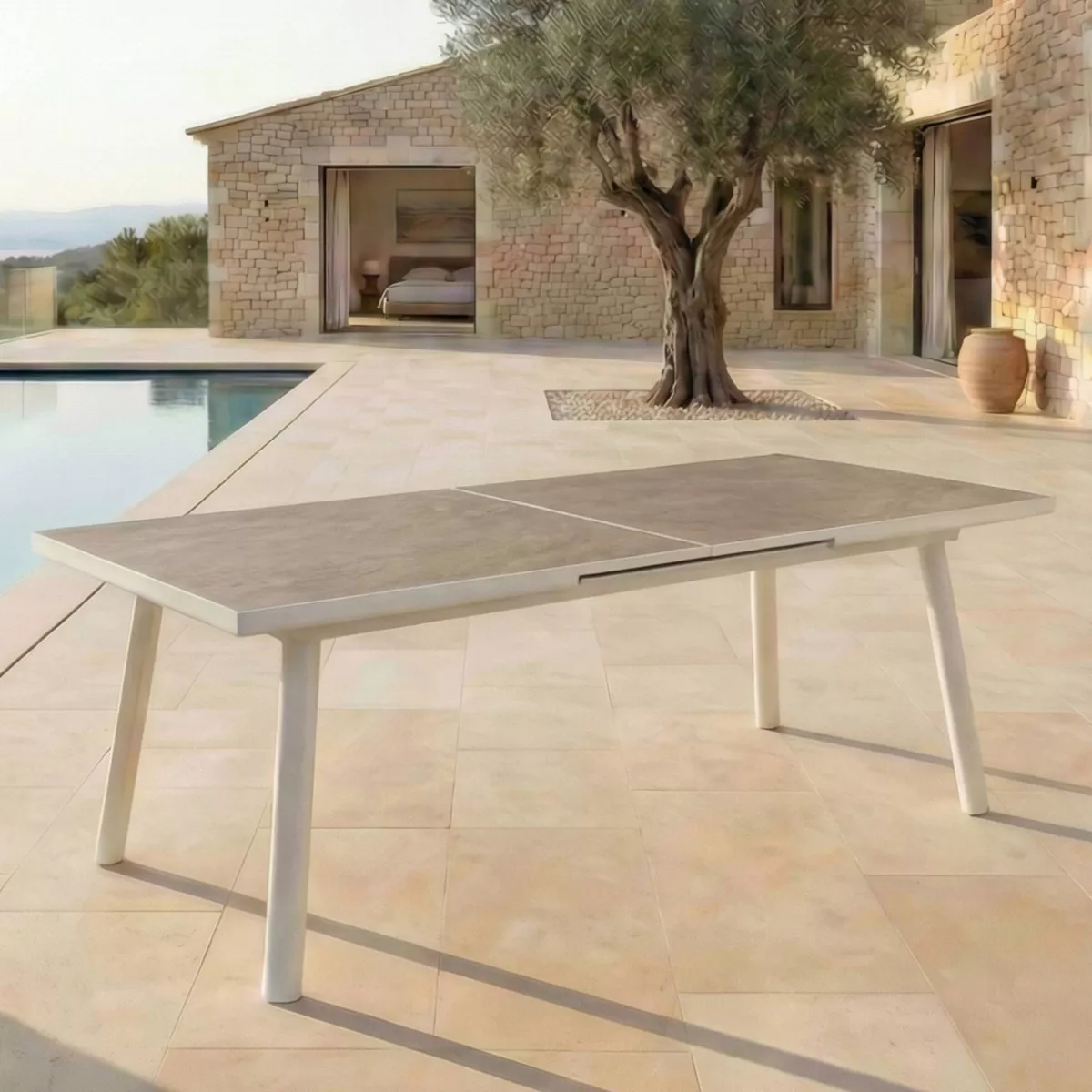 Table de jardin extensible en aluminium 12 places (240/300 x 96 cm) Amalfi Blanc et taupe