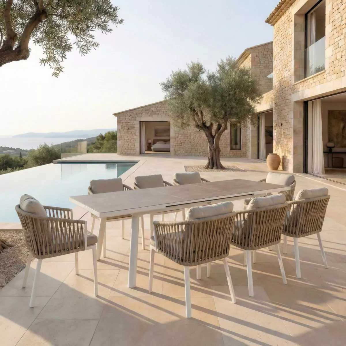 Table de jardin extensible en aluminium 12 places (240/300 x 96 cm) Amalfi Blanc et taupe