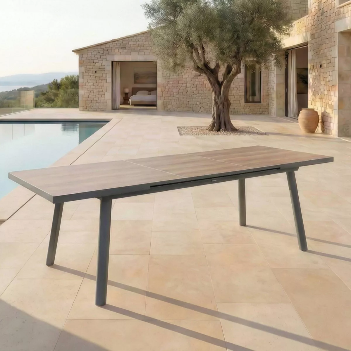 Table de jardin extensible en aluminium 12 places (240/300 x 96 cm) Amalfi Gris anthracite et bois