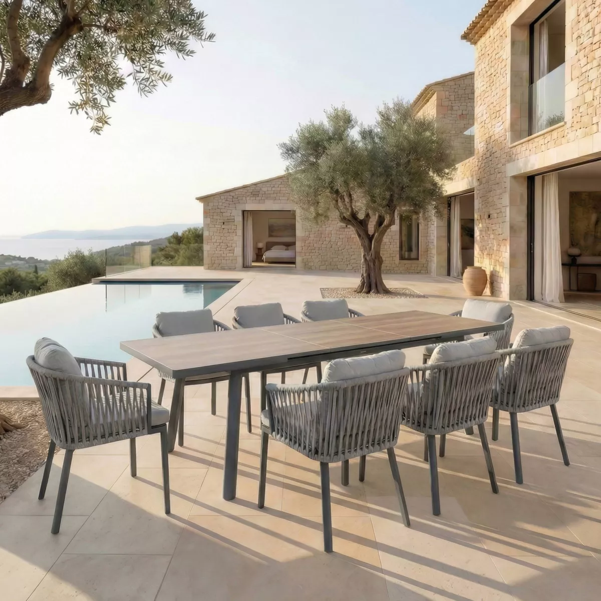 Table de jardin extensible en aluminium 12 places (240/300 x 96 cm) Amalfi Gris anthracite et bois
