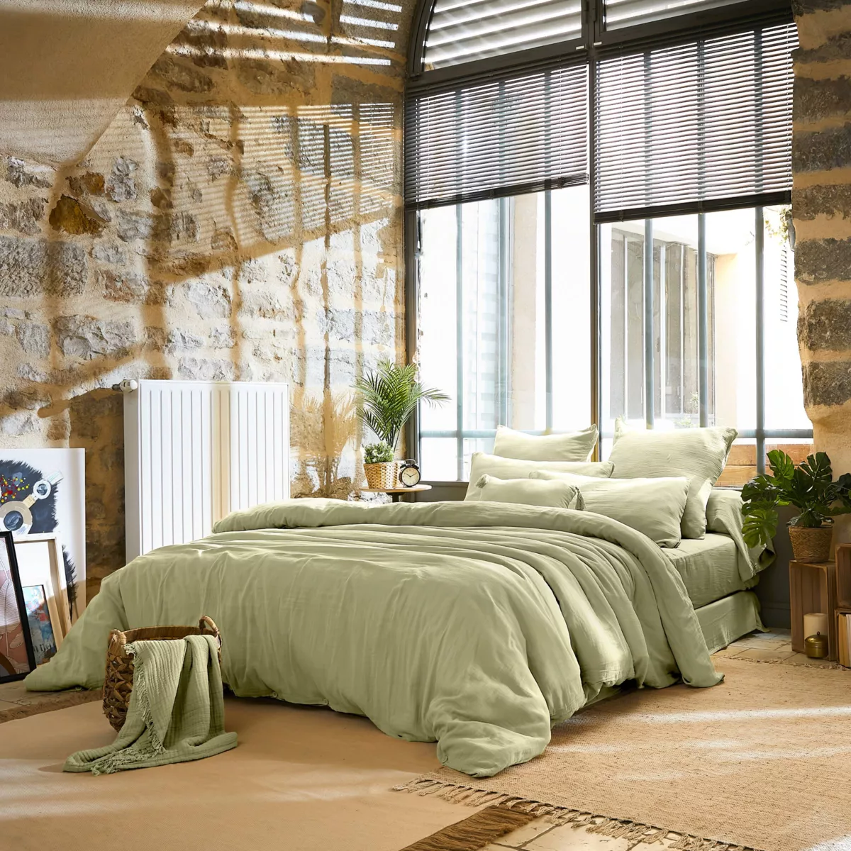 Drap plat gaze de coton (270 cm) Gaïa Vert tilleul