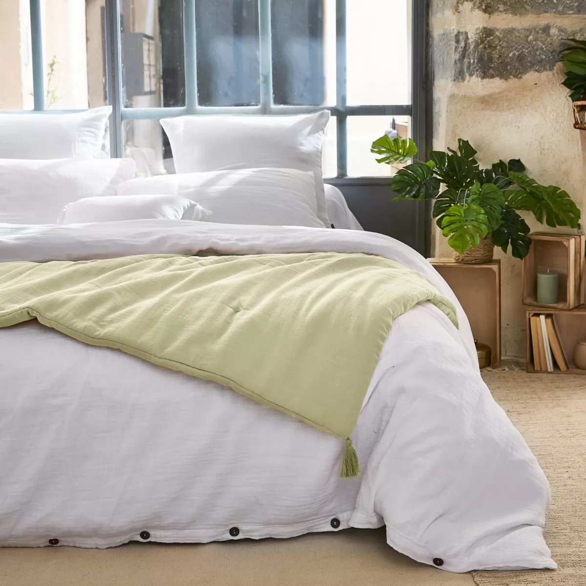Edredon gaze de coton (150 x 150 cm) Gaïa Vert tilleul 1
