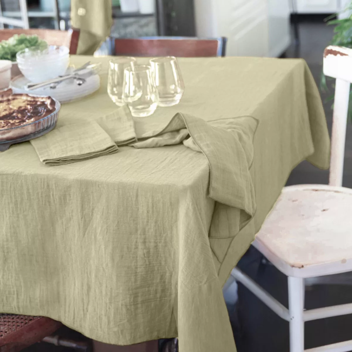 Mantel rectangular en gasa de algodón (L250 cm) Gaïa Verde tilo