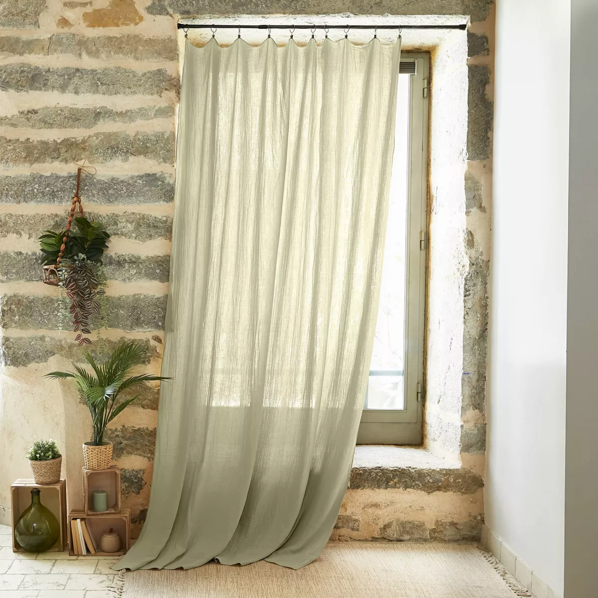 Cortina en gasa de algodón ajustable (140 x max 300 cm) Gaïa Verde tilo