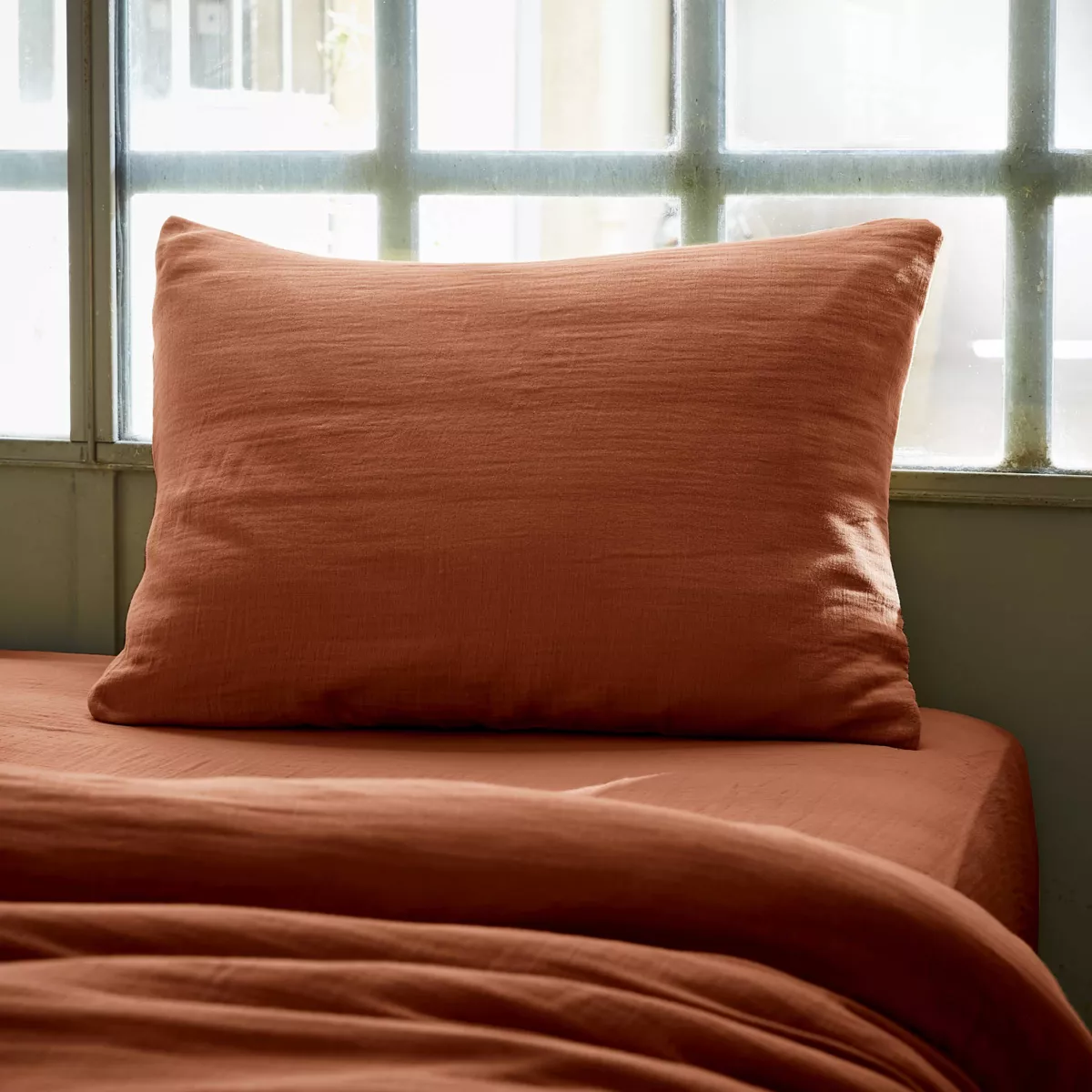 Kussensloop rechthoekig katoengaas (L80 cm) Gaïa Terracotta 1