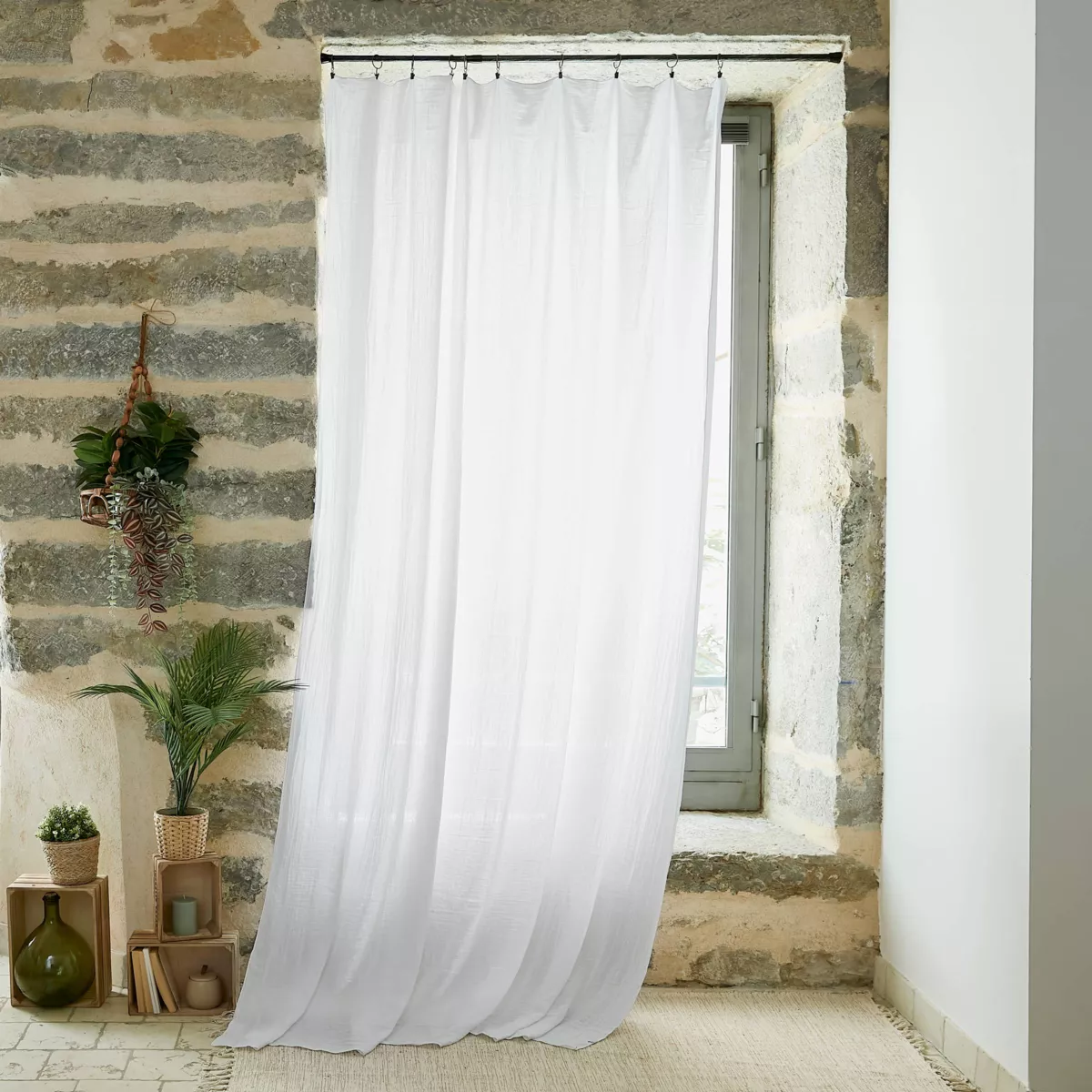Rideau gaze de coton ajustable (140 x max 300 cm) Gaïa Blanc chantilly 1