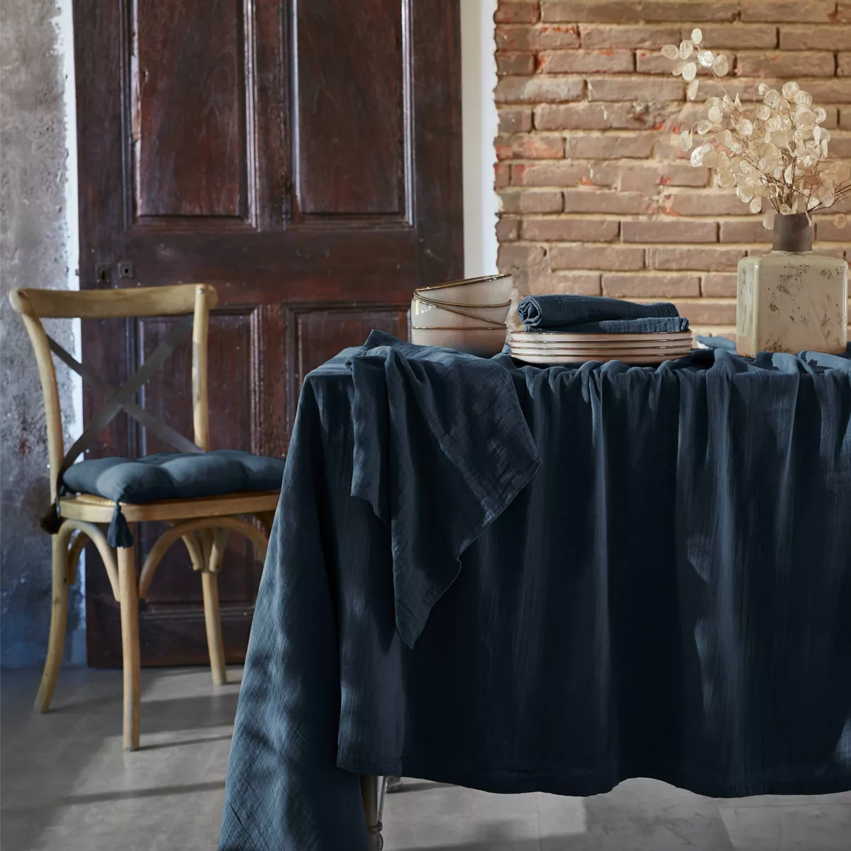 Set van 3 servetten Katoengaas Gaïa Nachtblauw