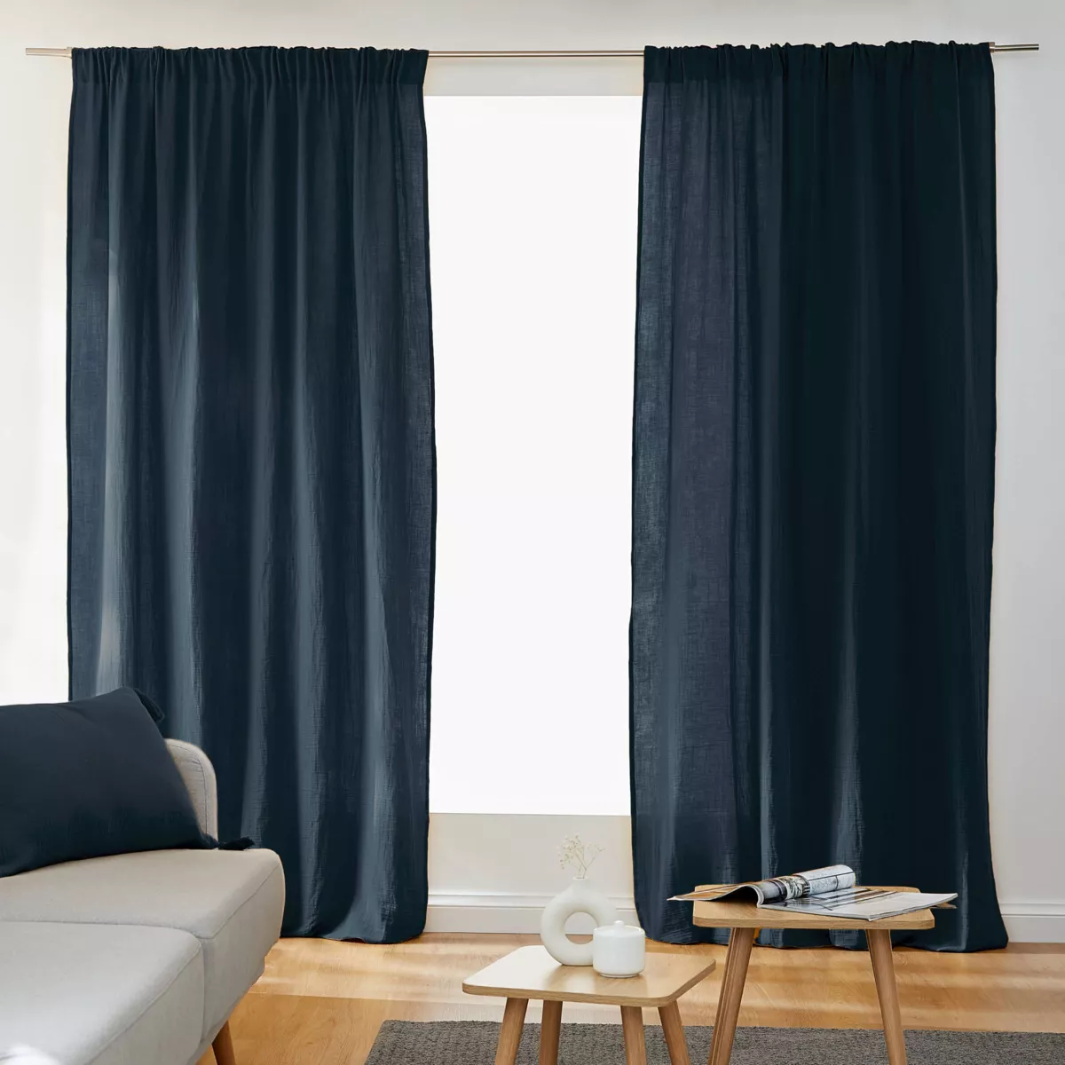 Tenda in  garza di cotone a passanti nascosti (140 x 240 cm) Gaïa Blu notte