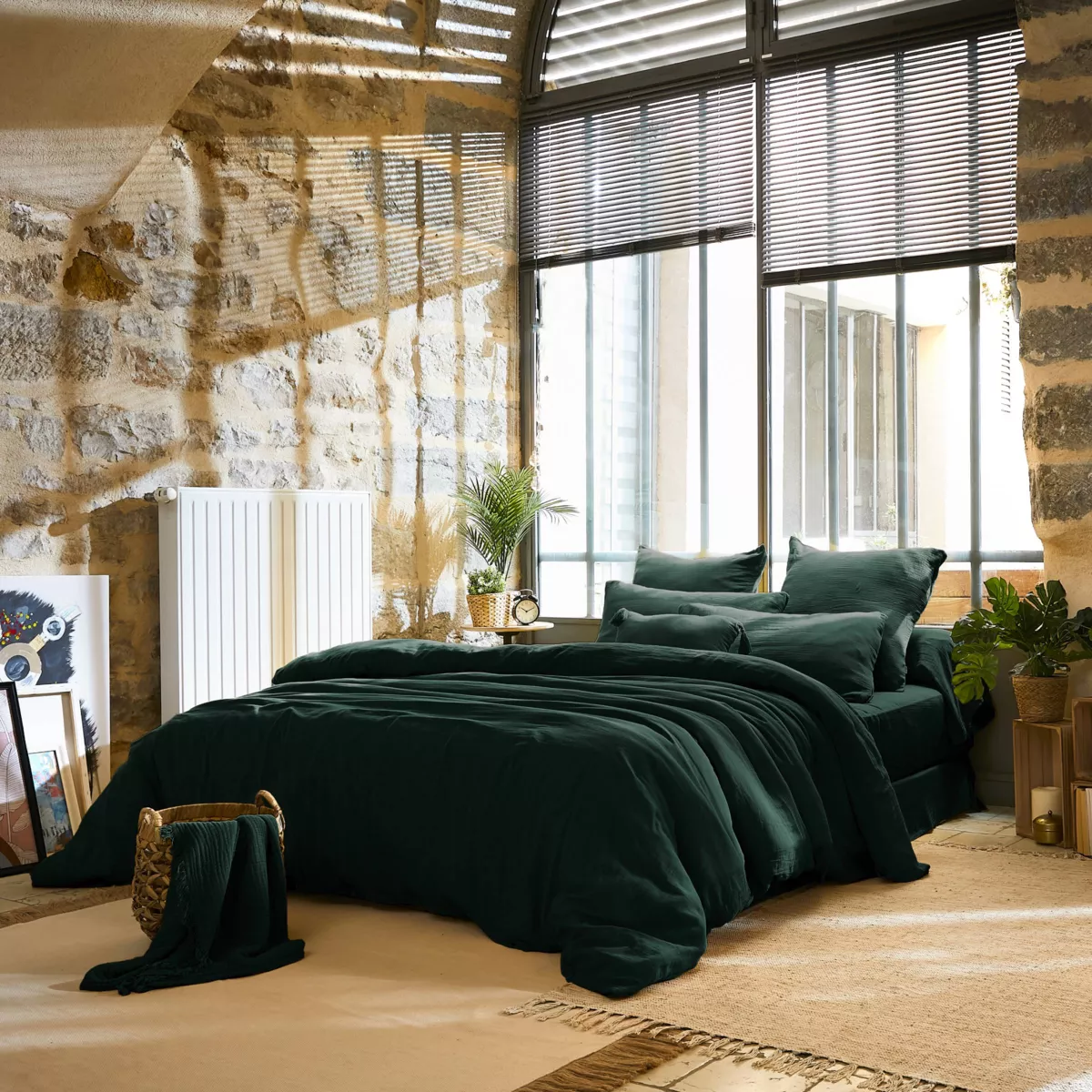 Drap plat gaze de coton (270 x 300 cm) Gaïa Vert sapin
