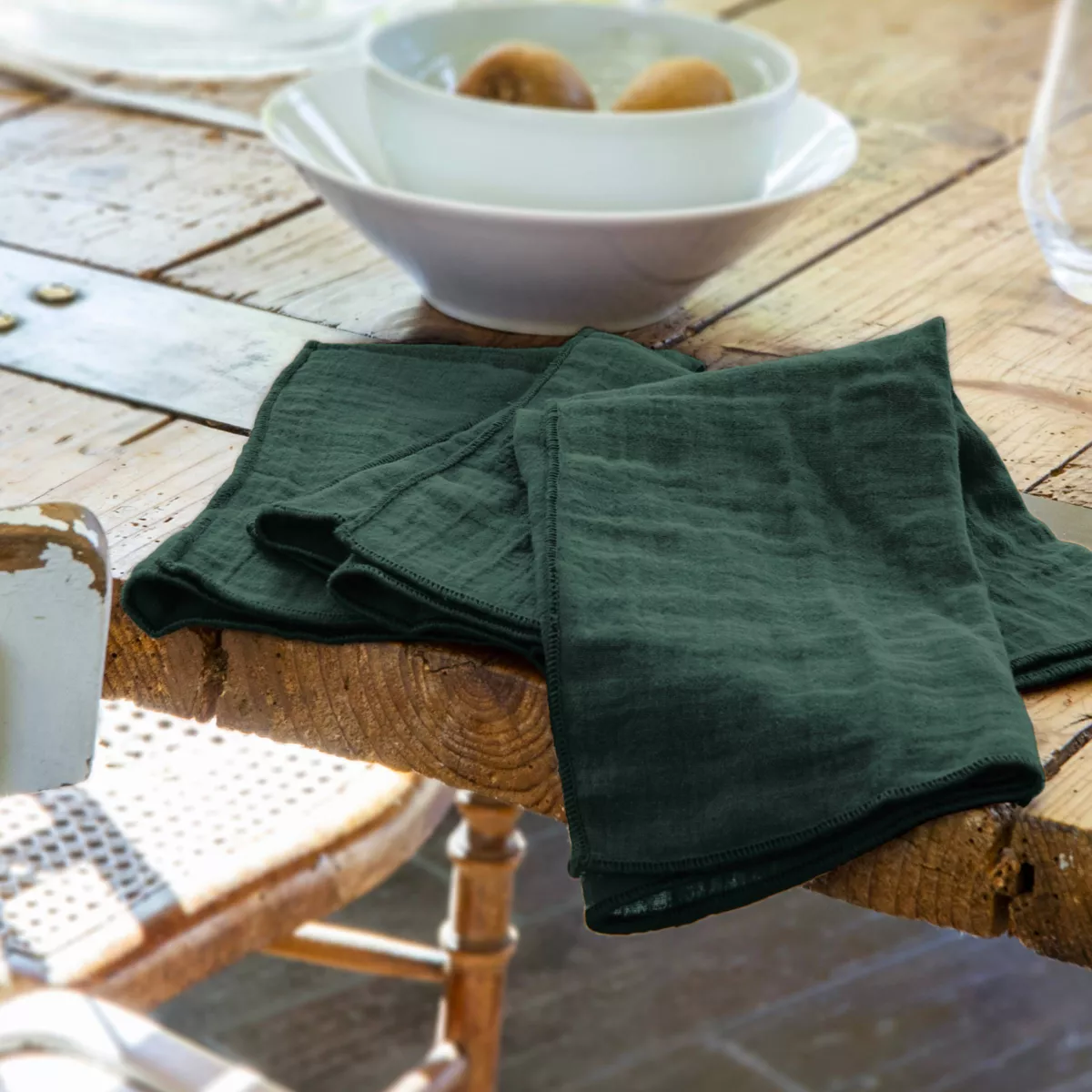 Set van 3 katoenen mousseline tafelservetten (40 x 40 cm) Gaïa Spar Groen