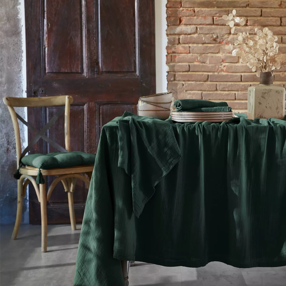 Set di 3 tovaglioli in garza di cotone (40 x 40 cm) Gaïa Verde abete