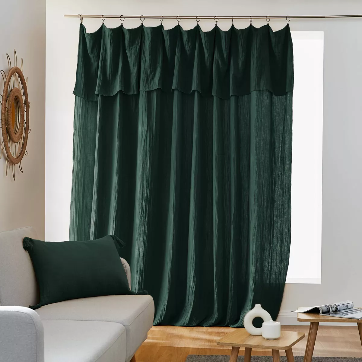 Rideau gaze de coton ajustable (280 x 300 cm) Gaïa Vert sapin