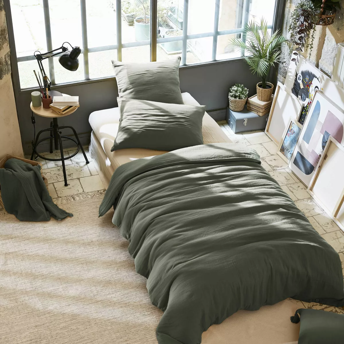 Housse de couette gaze de coton (140 cm) Gaïa Vert romarin 1