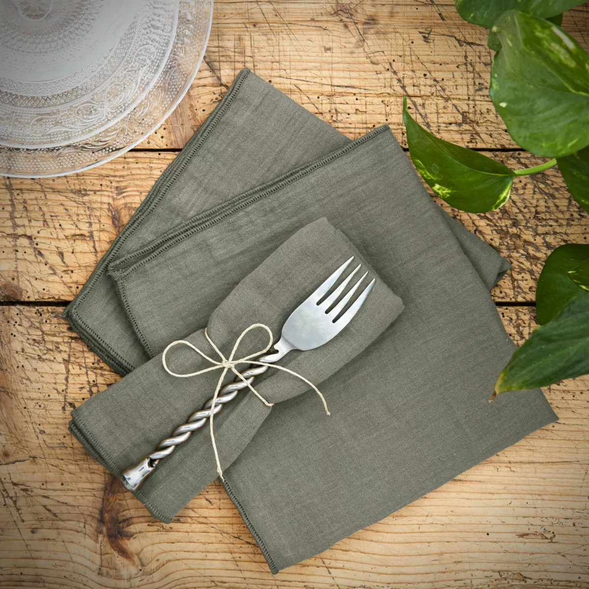 Lot de 3 serviettes gaze de coton (40 x 40 cm) Gaïa Vert romarin