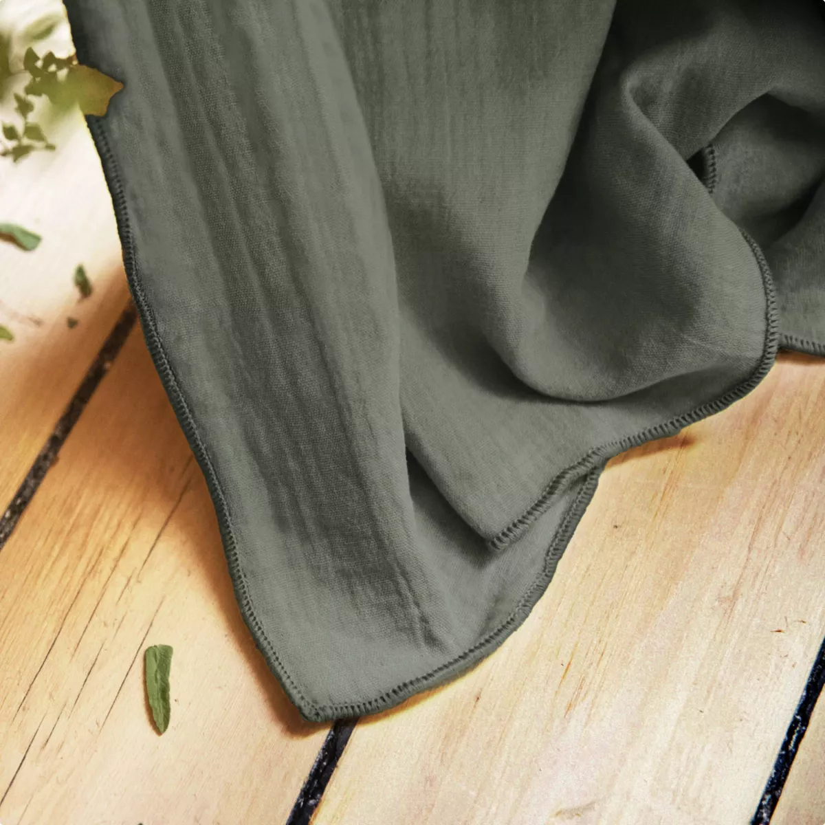 Rideau gaze de coton ajustable (180 x max 300 cm) Gaïa Vert romarin