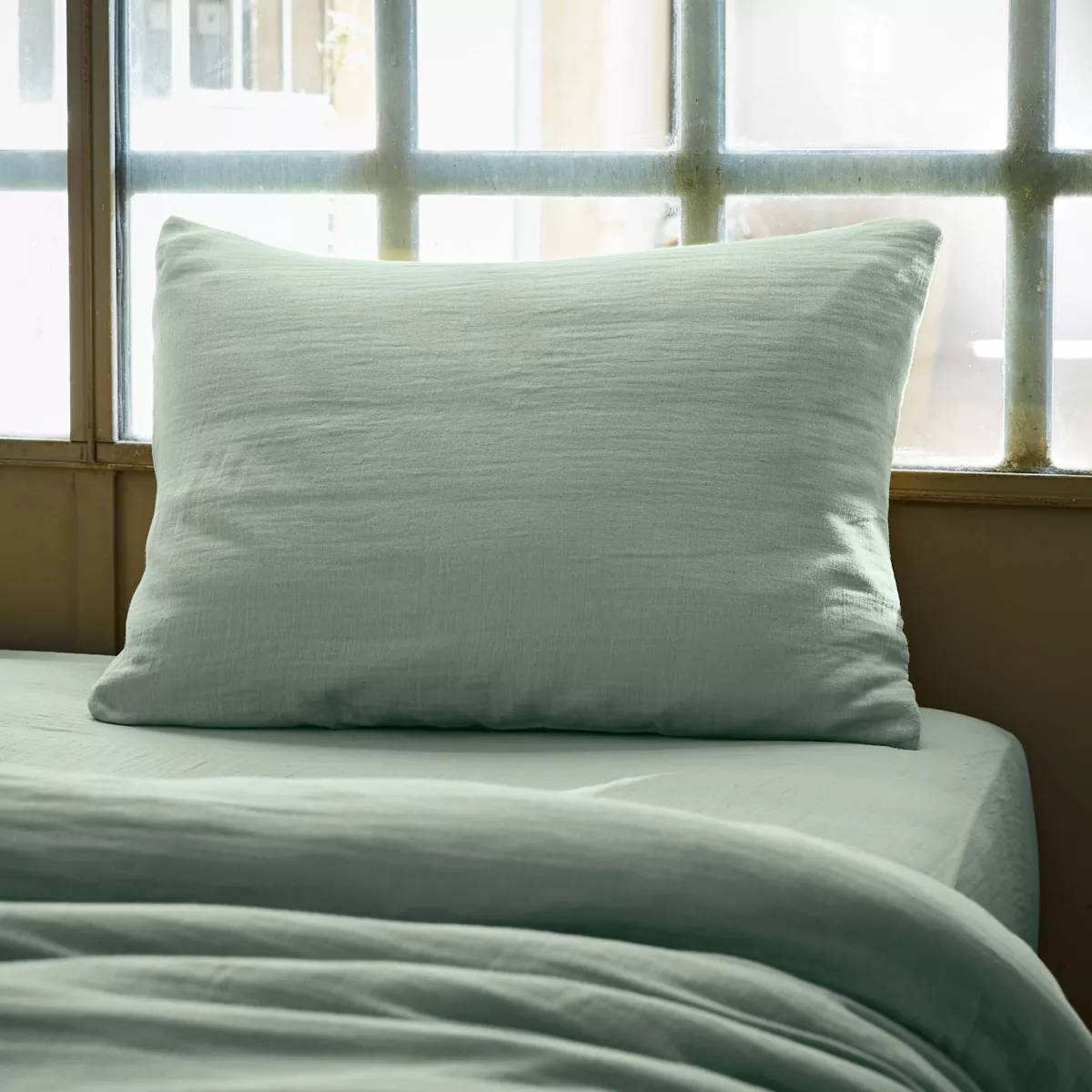 Rechteckiger Kopfkissenbezug aus Baumwoll-Gaze (50 x 80 cm) Gaïa Eukalyptusgrün