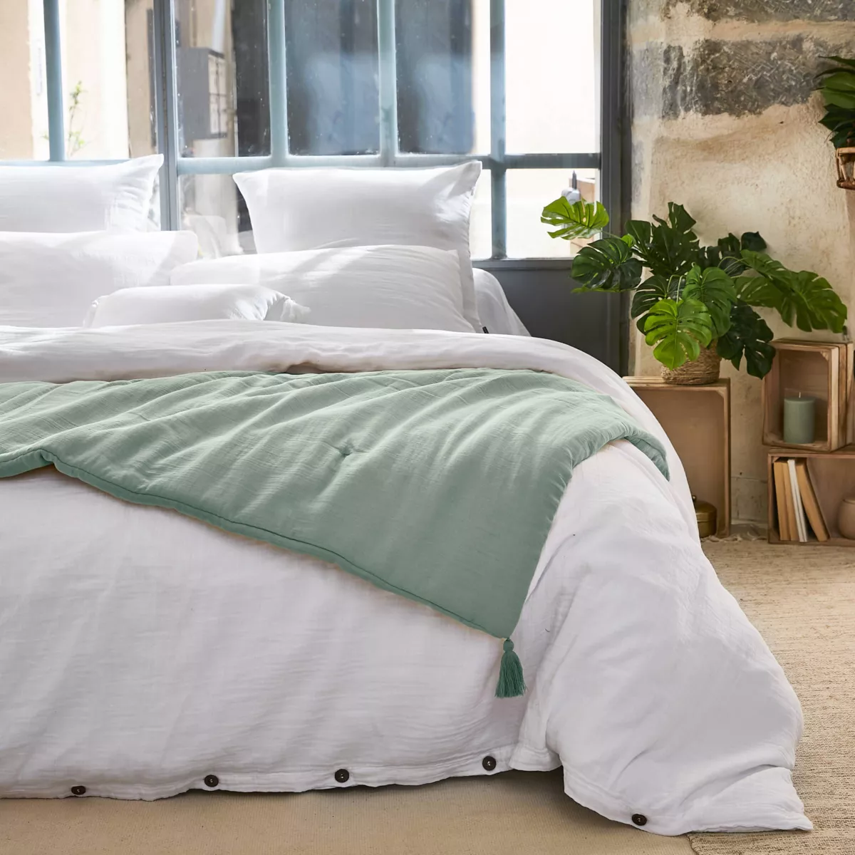 Runner letto in garza di cotone (150 x 150 cm) Gaïa Verde eucalipto