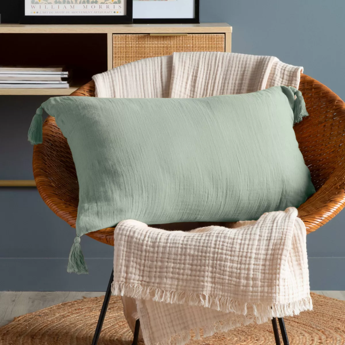 Coussin rectangulaire gaze de coton (40 x 60 cm) Gaïa Vert eucalyptus