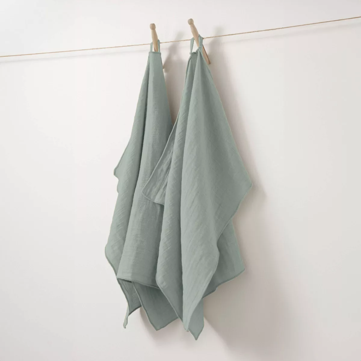 Lot de 2 essuie-mains gaze de coton (70 cm) Gaïa Vert eucalyptus